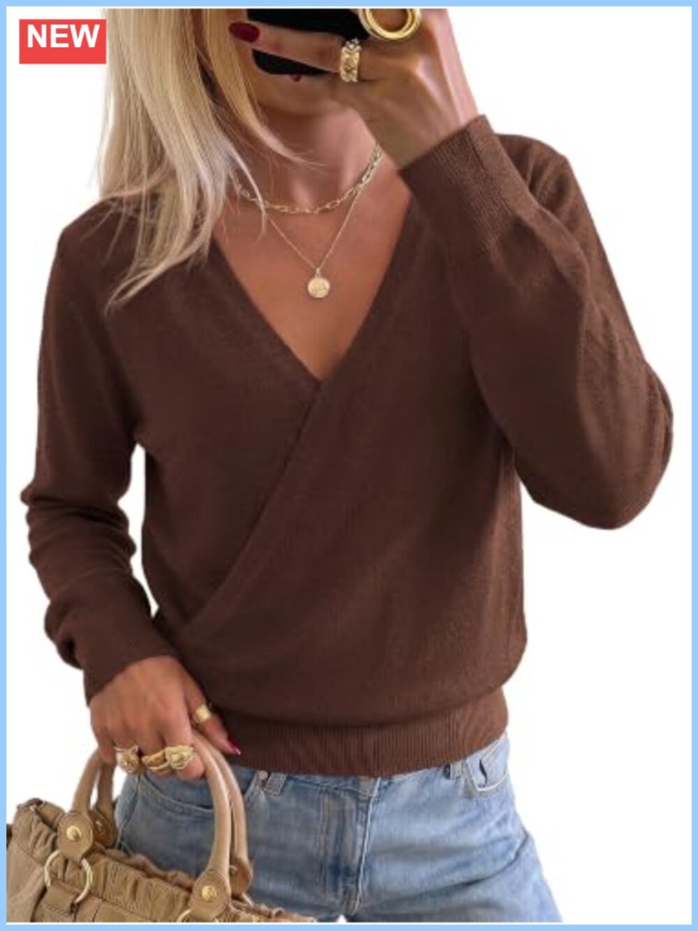 Women's Wrap Sweater Long Sleeve V Neck Pullover Fall Top